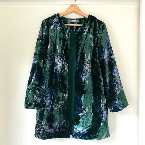 Anthropologie Eva Franco Green Floral Velvet Car Jacket - Picture 3 of 7